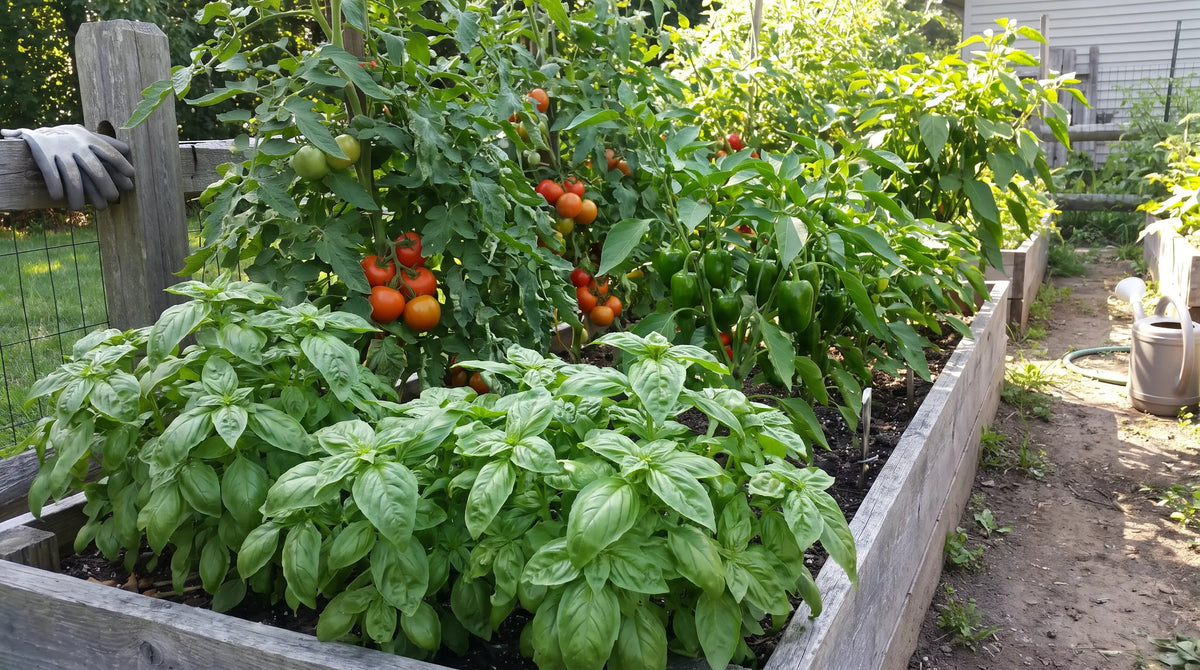 Basil plants interplanted with tomatoes and peppers in a sunny garden bed
