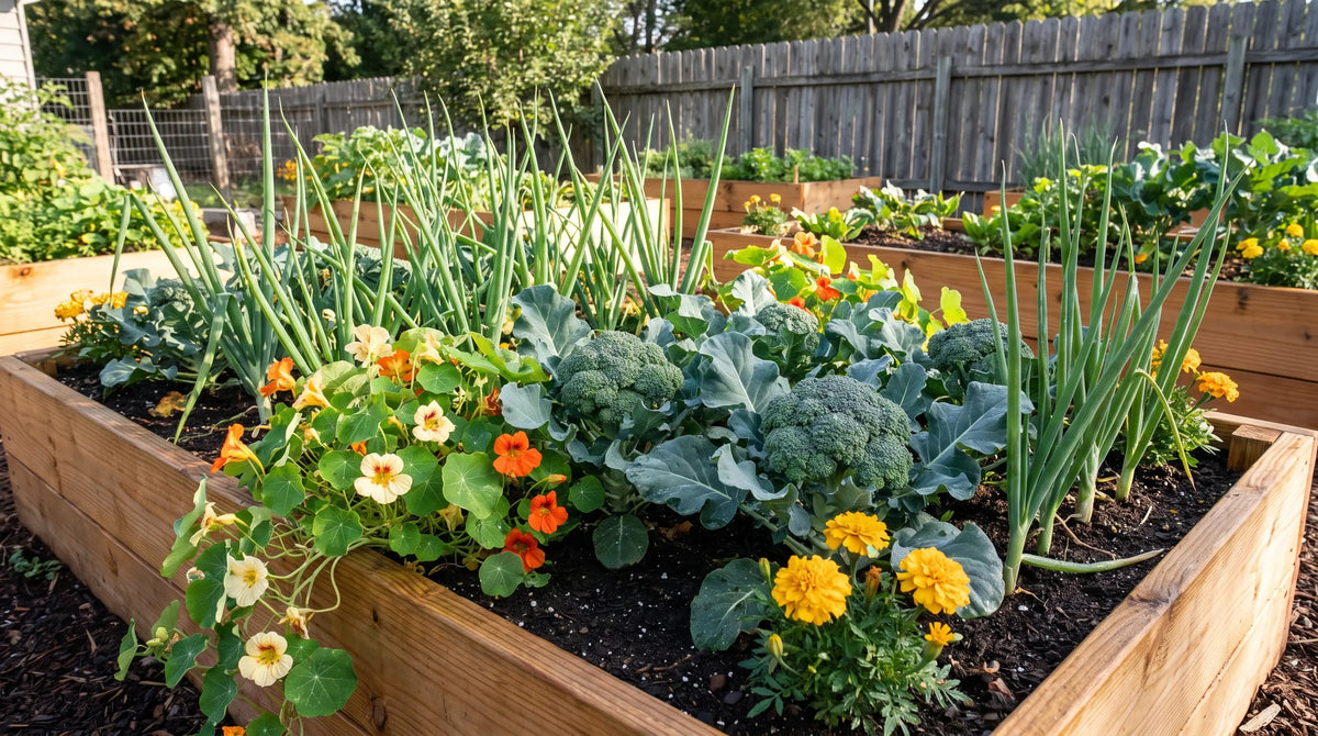 Broccoli plants growing in a garden bed interplanted with onions, nasturtiums and marigolds