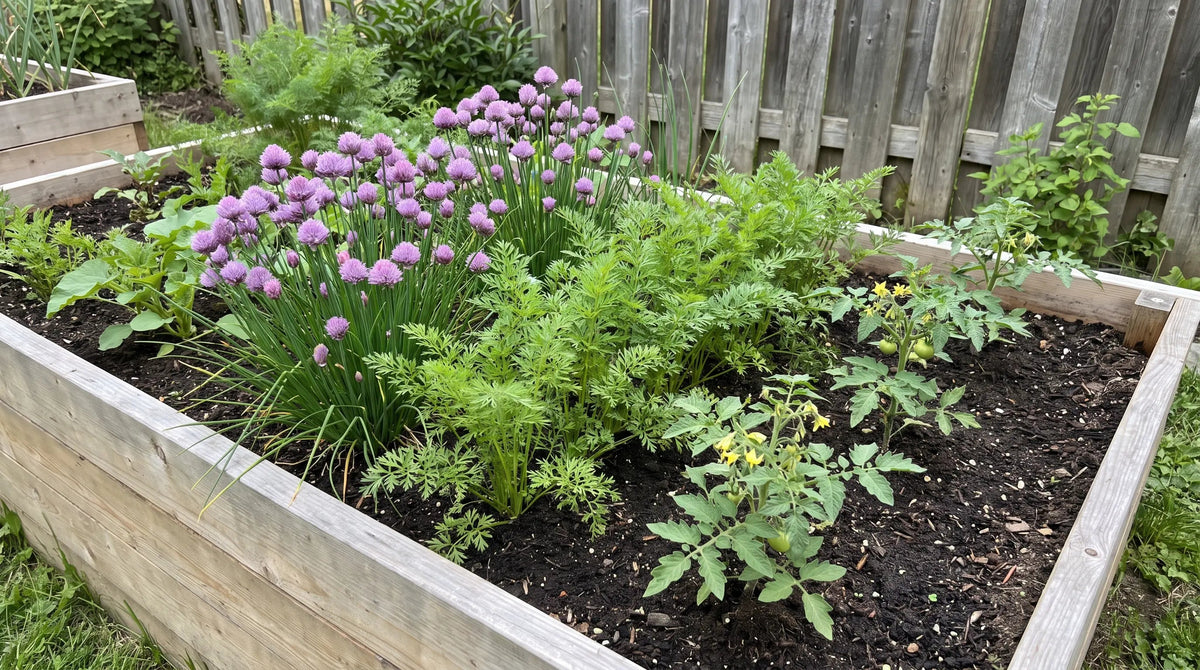 Flowering chives interplanted with carrots and young tomato plants in a raised garden bed