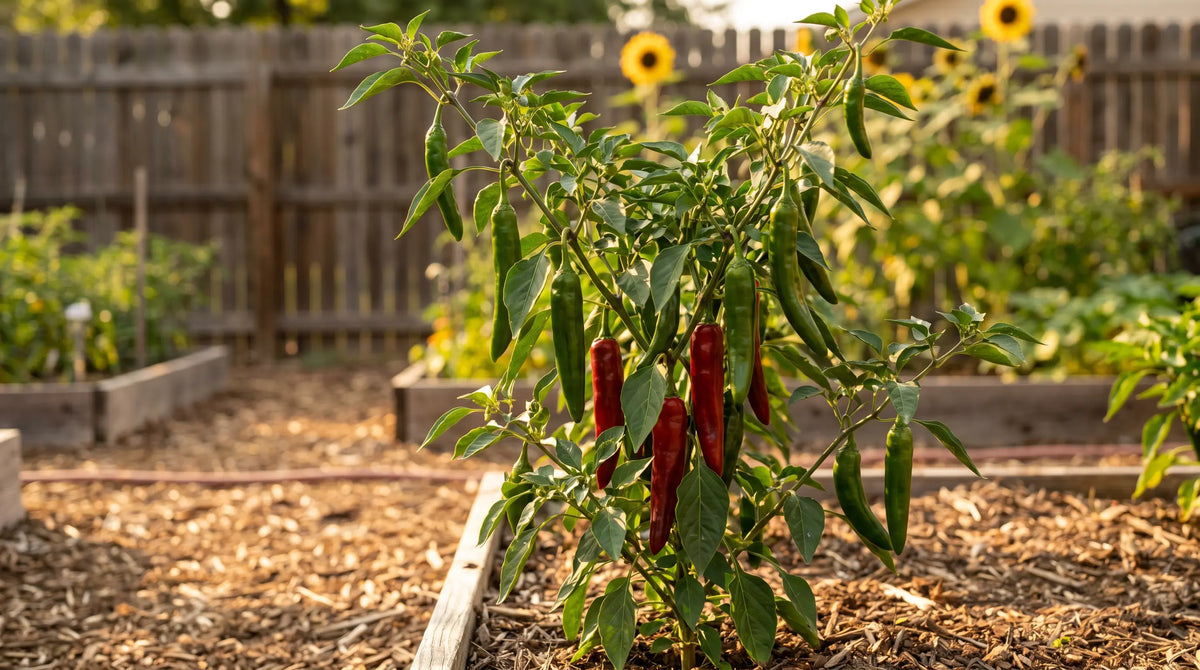Big Jim pepper plant with ripe fruit
