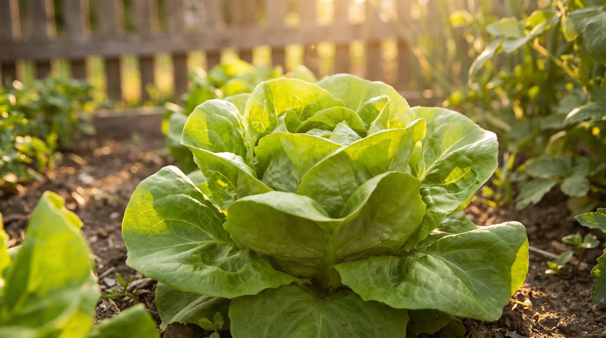 A healthy Buttercrunch butterhead lettuce plant with a loose tender green head in a sunny garden