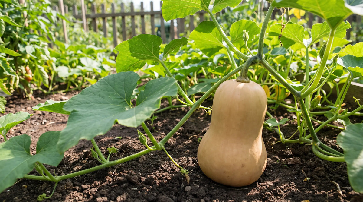 How to grow butternut squash: a ripe butternut on the vine