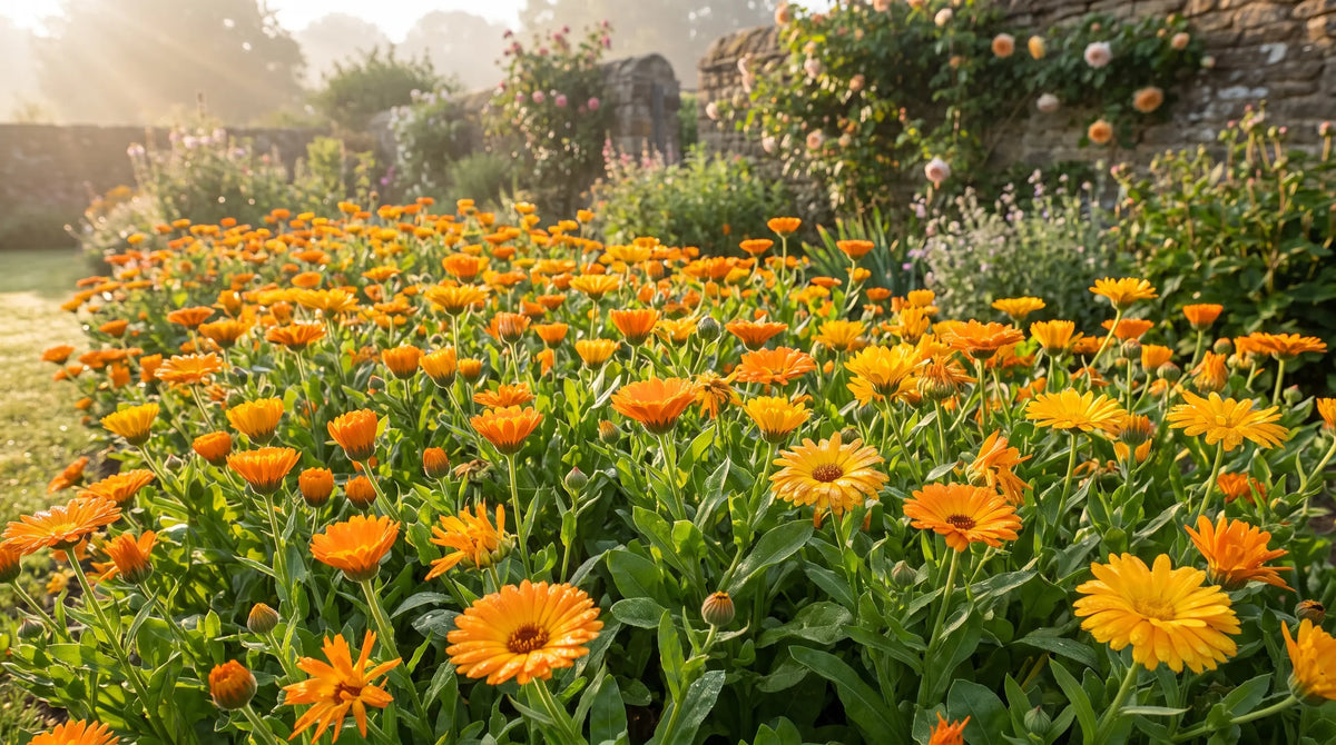 Calendula in full bloom in a sunny cottage garden