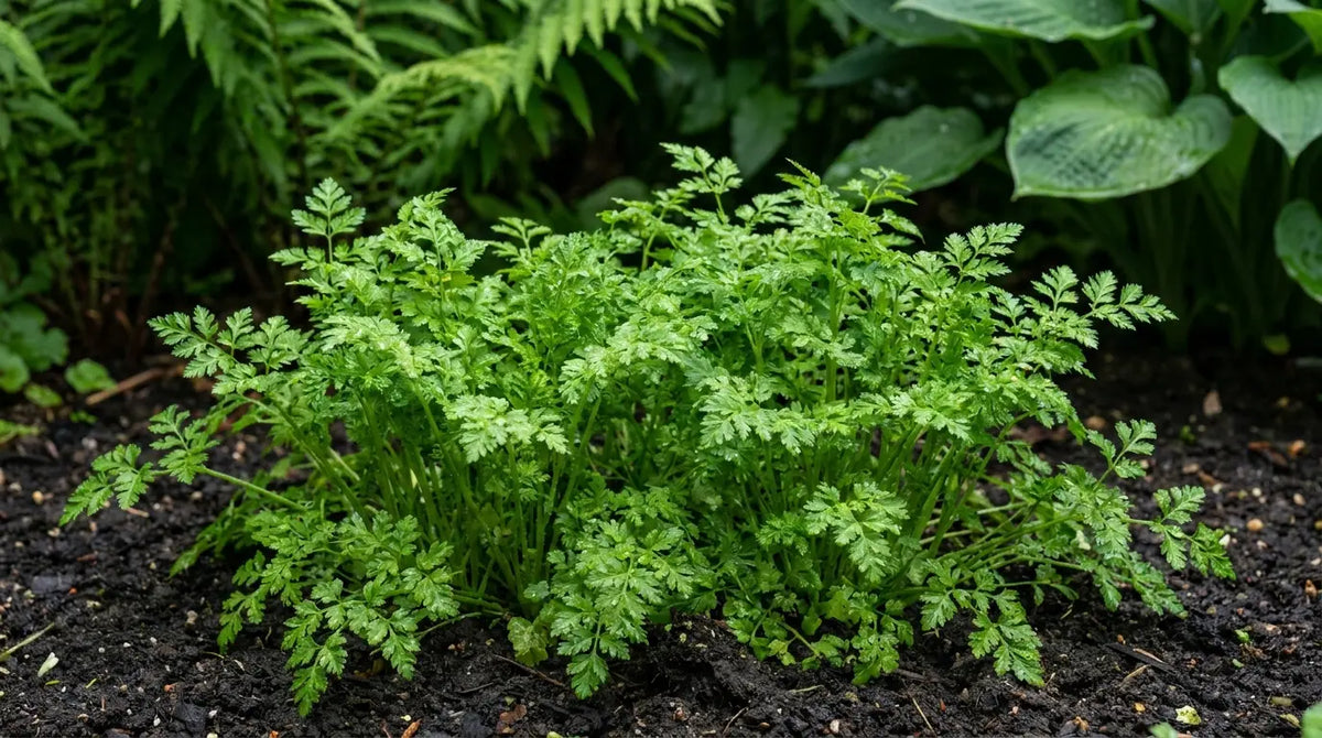 How to grow chervil: lush lacy chervil growing in a shaded garden bed
