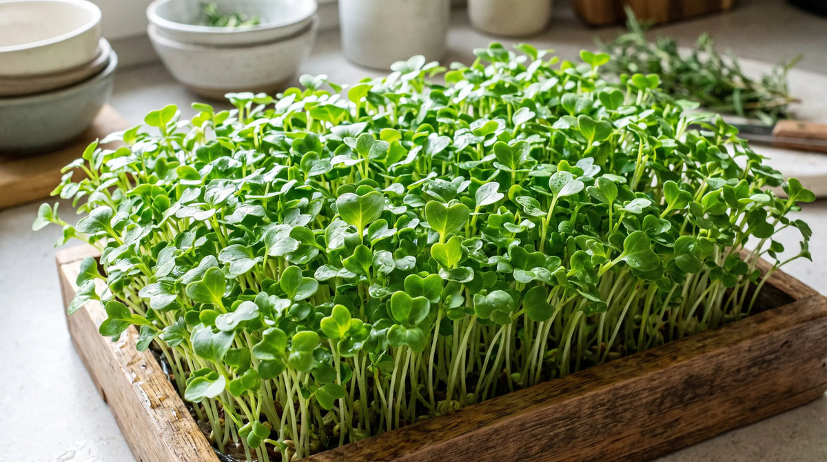Chinese cabbage microgreens at harvest stage in a tray