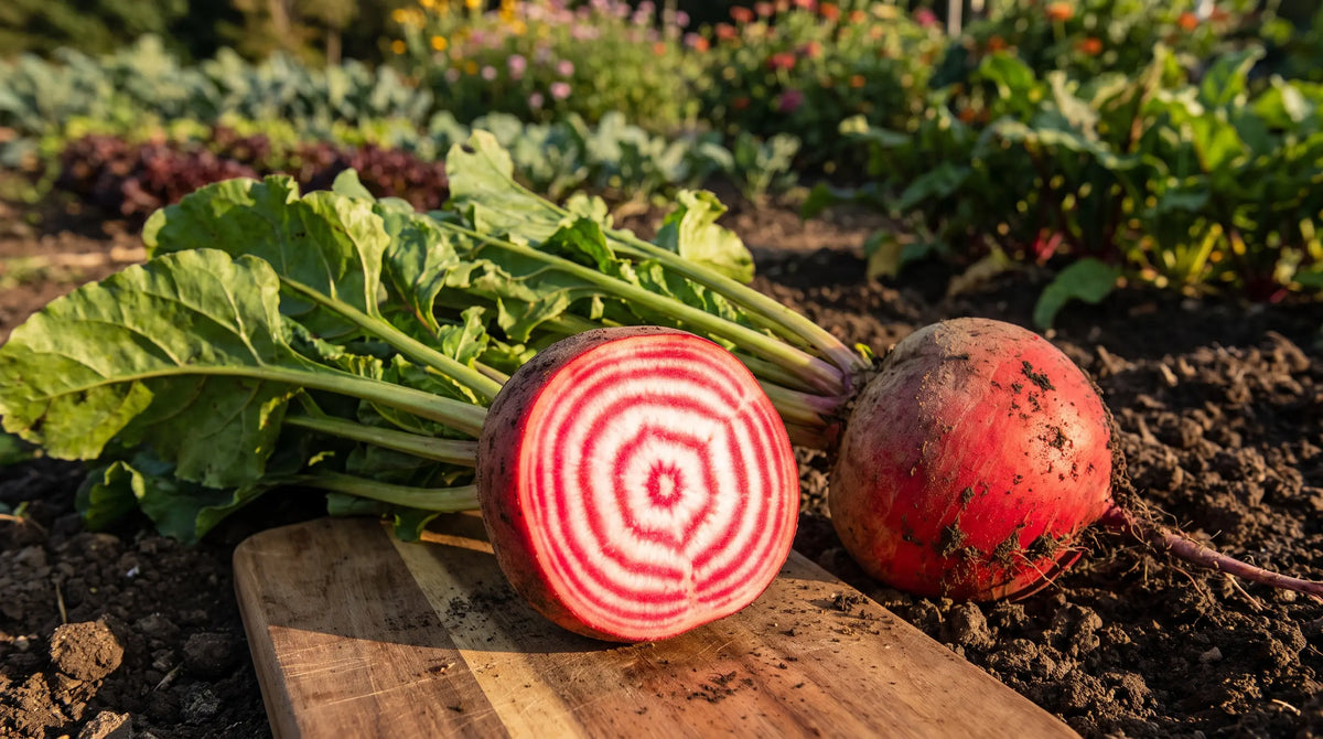 A Chioggia beet sliced to show its candy-striped red and white concentric rings beside a whole root.