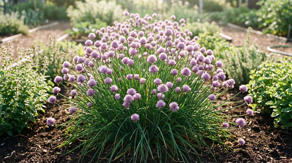 How to grow chives: a lush clump of chives with purple flowers in a sunny herb garden