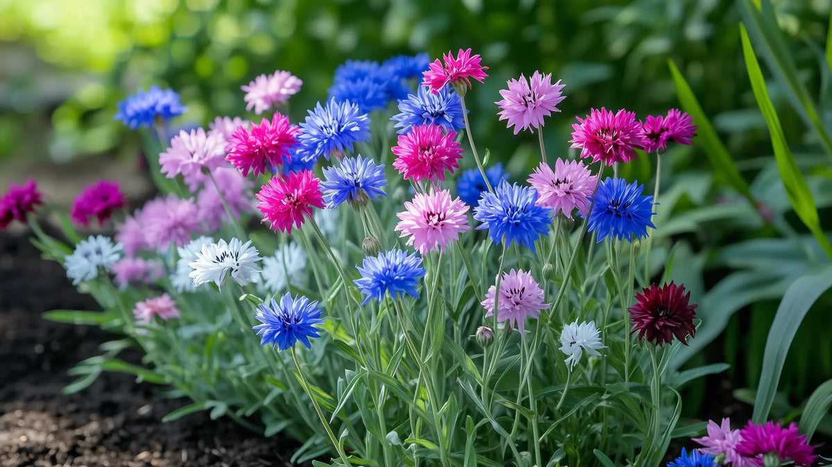 Compact Polka Dot Mix cornflowers in blue, pink, white, and maroon