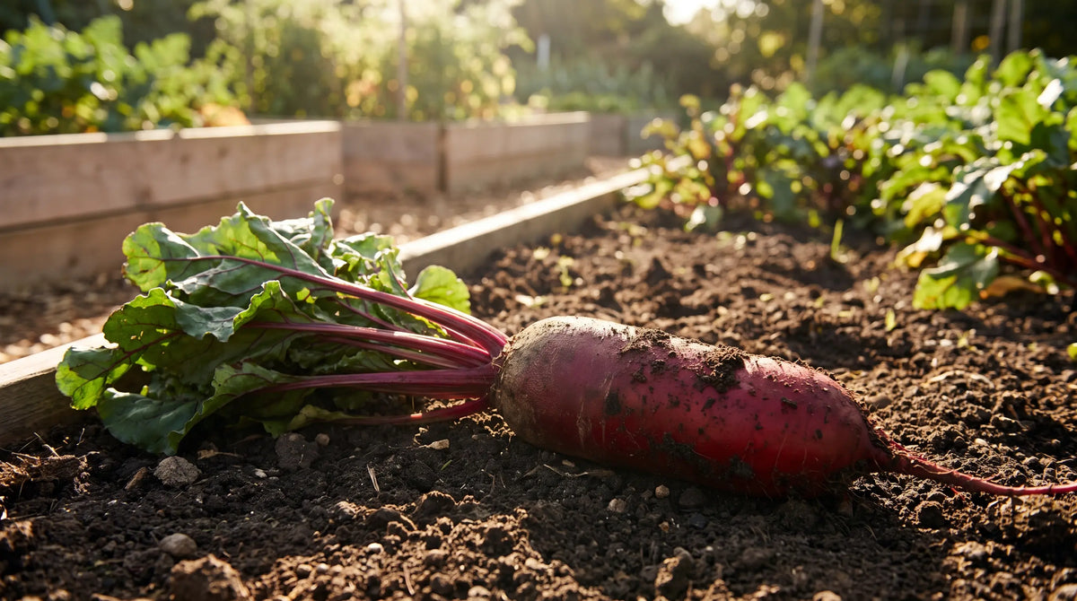 A Cylindra beet showing its long cylindrical deep-red root and green tops in a sunny garden.