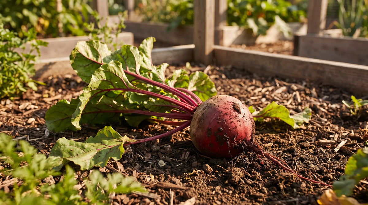 A freshly pulled Detroit Dark Red beet showing its round deep-red root and leafy tops in a sunny garden.