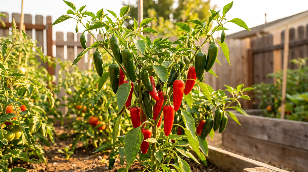Fresno pepper plant with ripe fruit