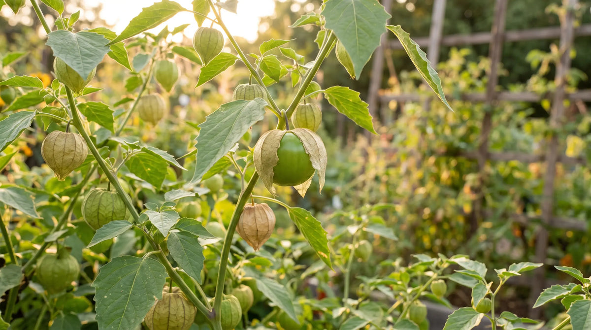 Grande Rio Verde tomatillo with papery husk splitting open on the vine