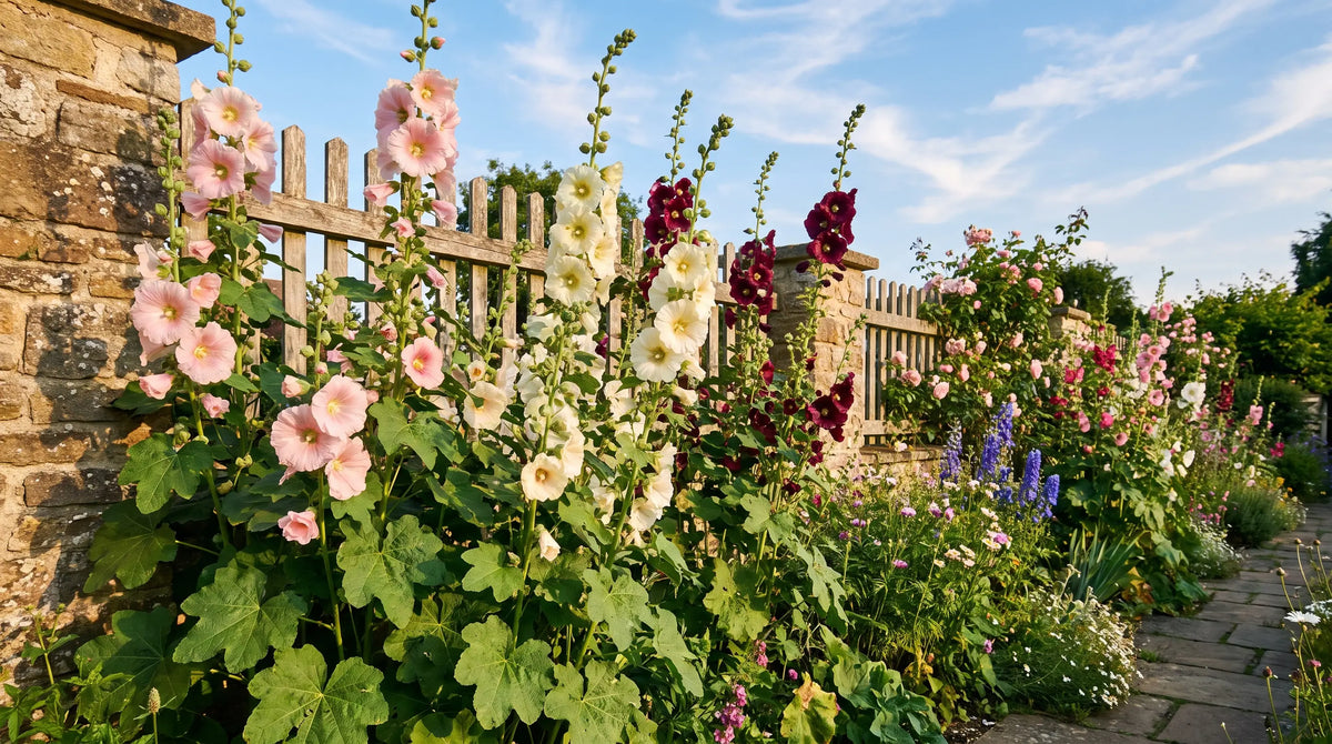 Tall hollyhocks in full bloom against a cottage fence