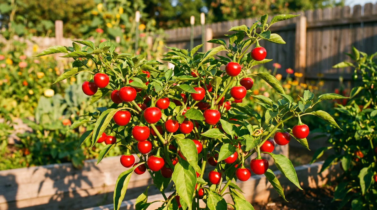 Hot Red Cherry pepper plant with ripe fruit