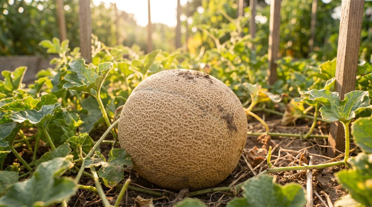A ripe Imperial 45 cantaloupe with heavy tan netting on the vine in a sunny garden