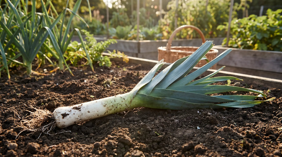 A freshly pulled leek showing its long white shank and blue-green fan of leaves