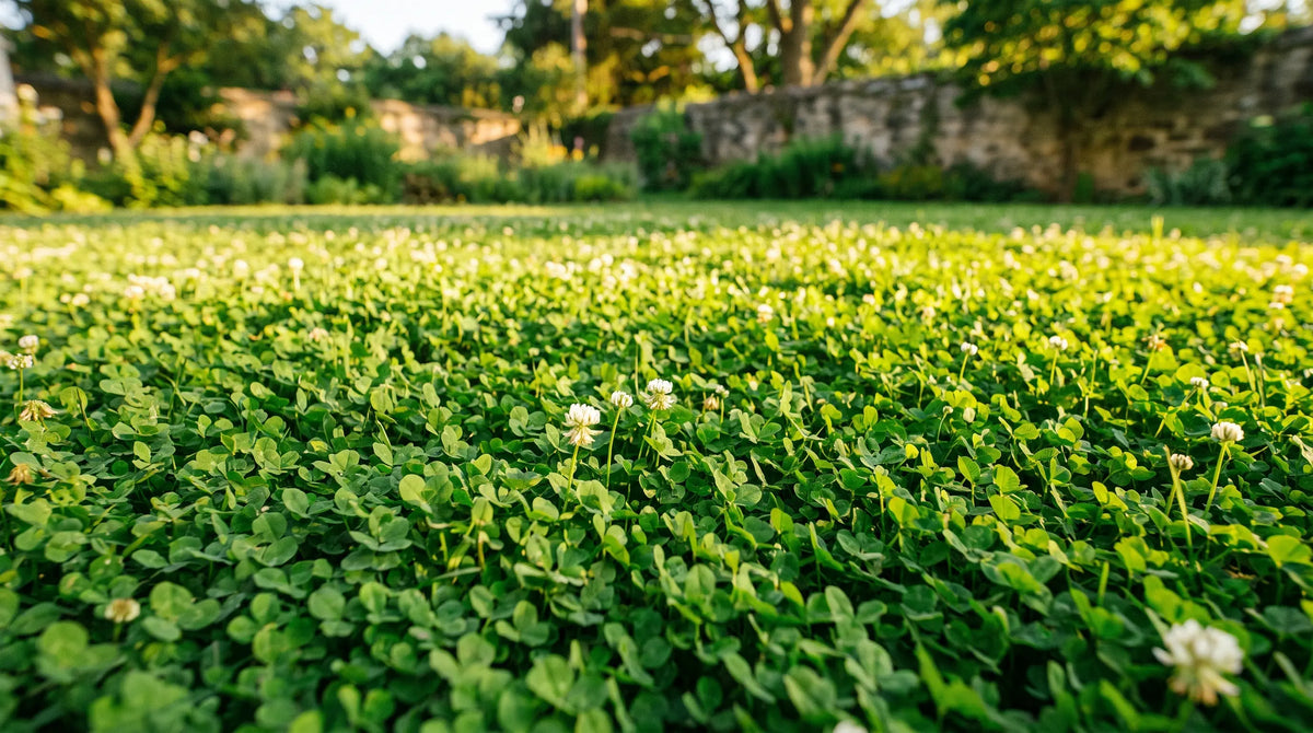 Dense green micro clover lawn in a sunny backyard