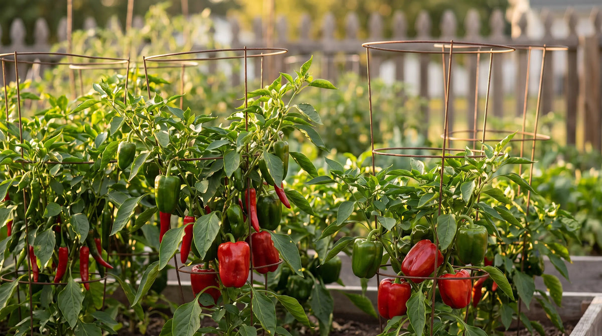 Pepper plants heavy with ripe red and green bell and chili peppers in a sunny garden bed