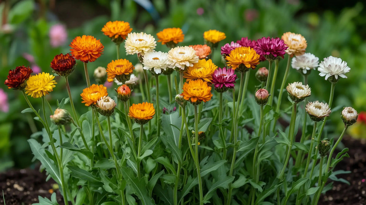 Colorful papery strawflower blooms growing in a sunny garden bed