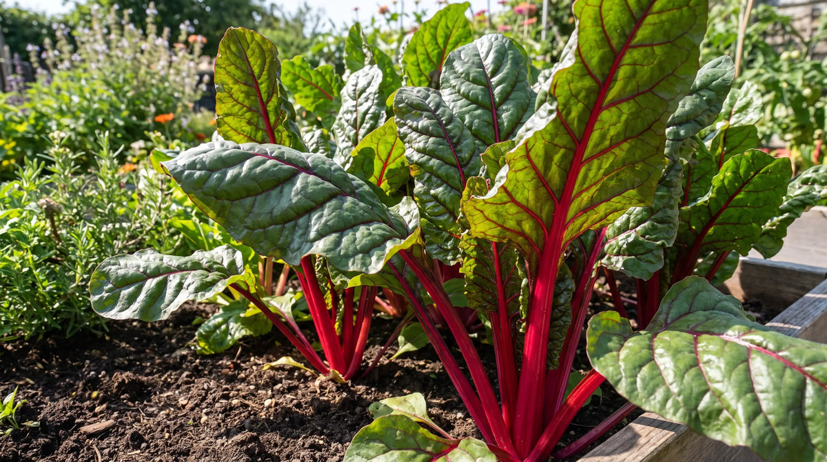 How to grow Swiss chard: colorful chard with red, gold, and white stems growing in a garden bed