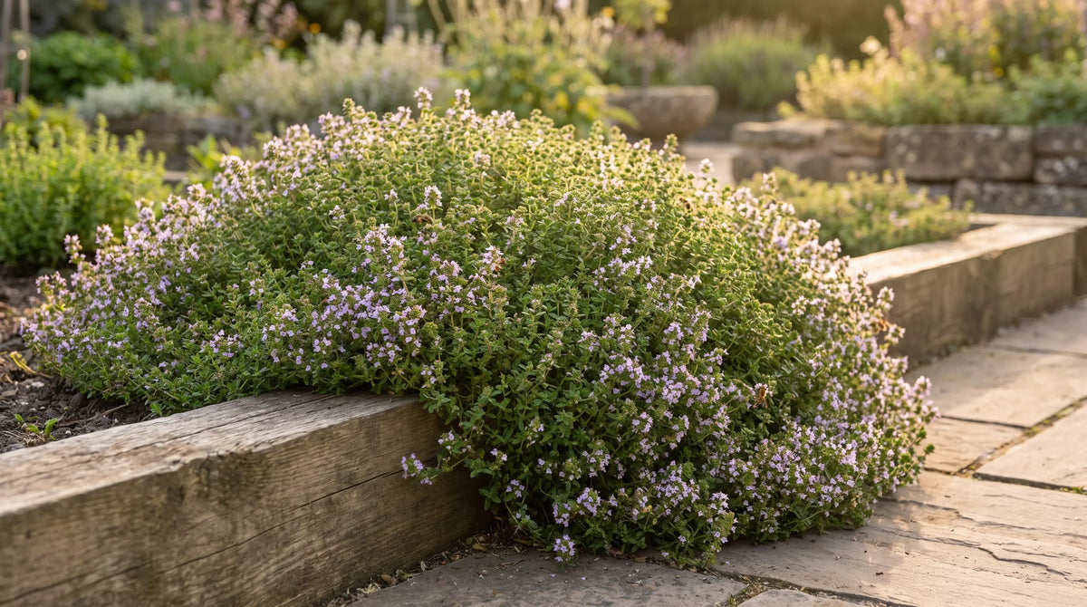 Mature thyme spilling over a raised bed with tiny purple flowers