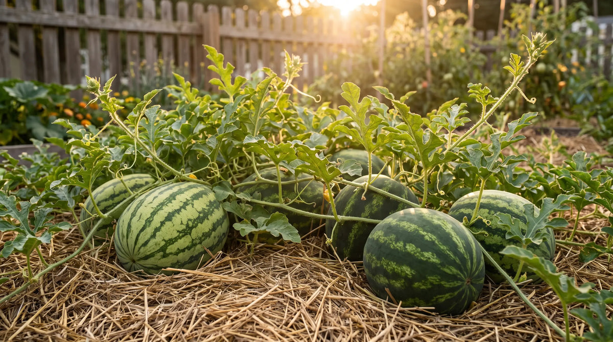 Home garden bed of ripening watermelons on the vine in warm golden light