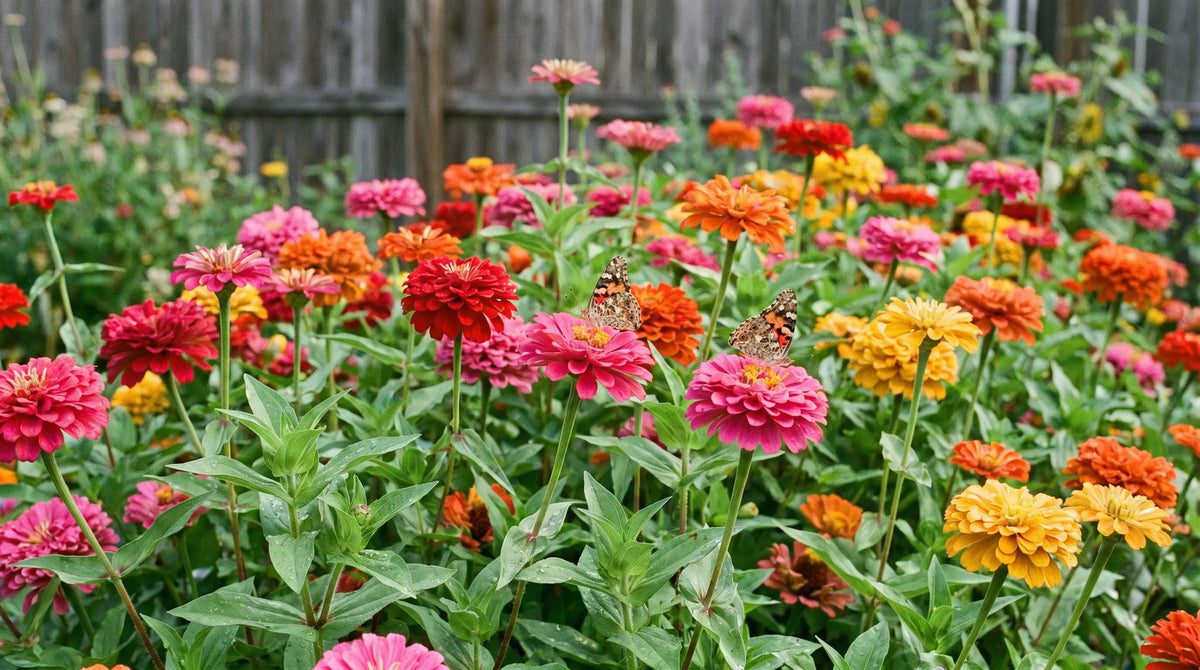 A cutting-garden bed of zinnias in full bloom with a butterfly