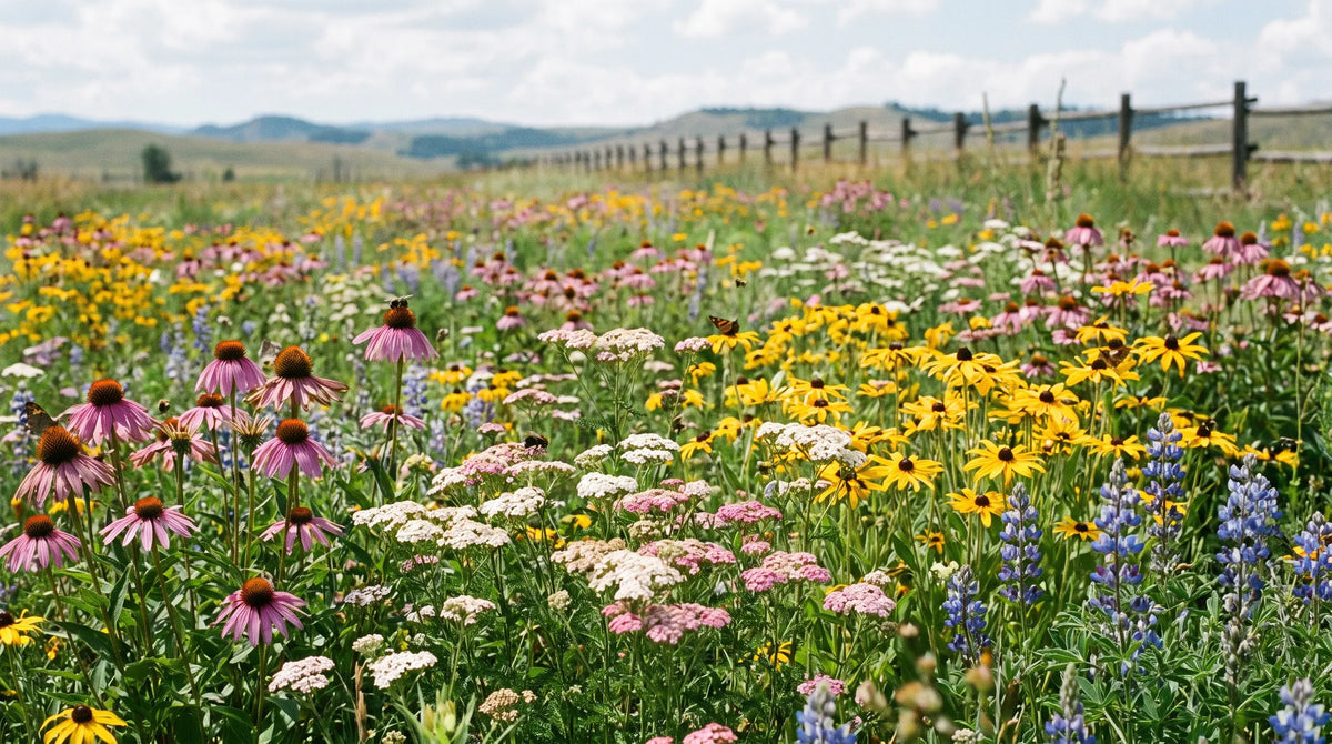 Mature perennial wildflower meadow with coneflowers, black-eyed susans, yarrow and lupine and pollinators