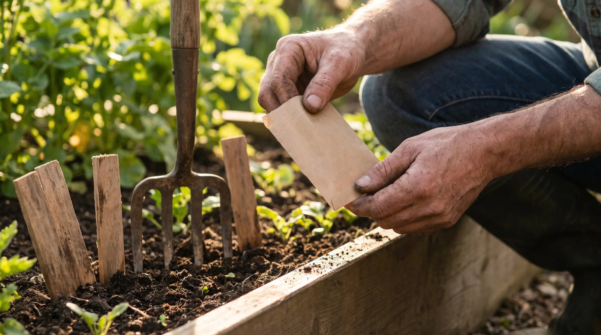 Gardener kneeling at a raised bed holding a plain paper seed packet