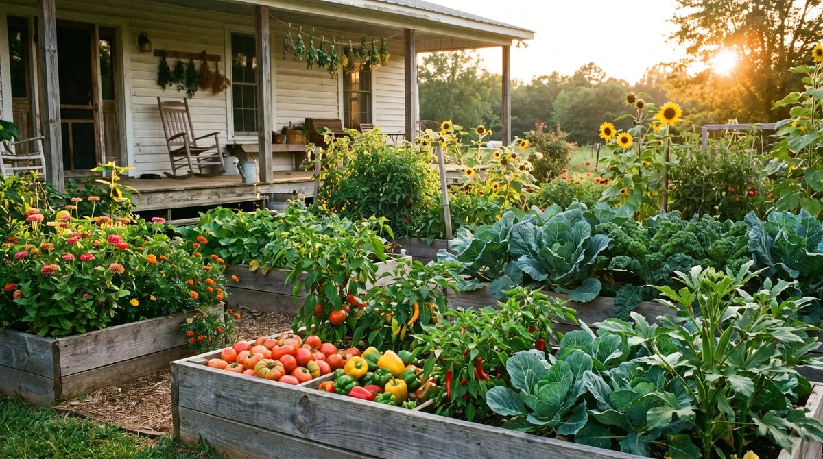 Zone 8 backyard garden with raised beds of tomatoes, peppers, kale and sunflowers by a farmhouse porch