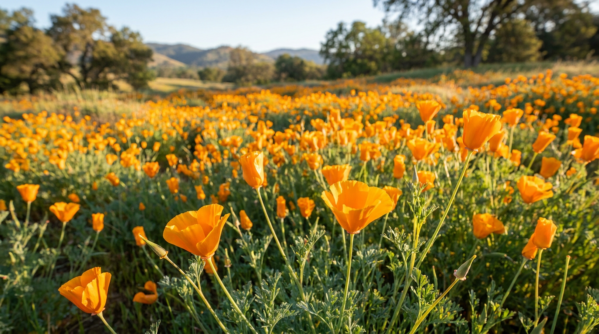 How to grow California poppies: orange California poppy flowers in full bloom in a sunny meadow