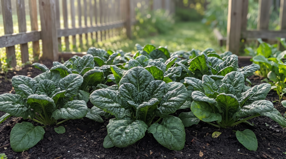 How to grow spinach: a lush garden bed of mature Bloomsdale spinach with dark crinkled leaves