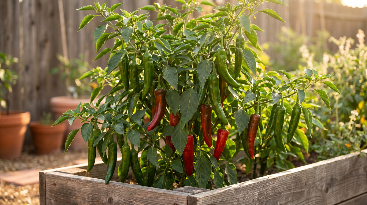 Anaheim pepper plant with long green mild chile fruit ripening red