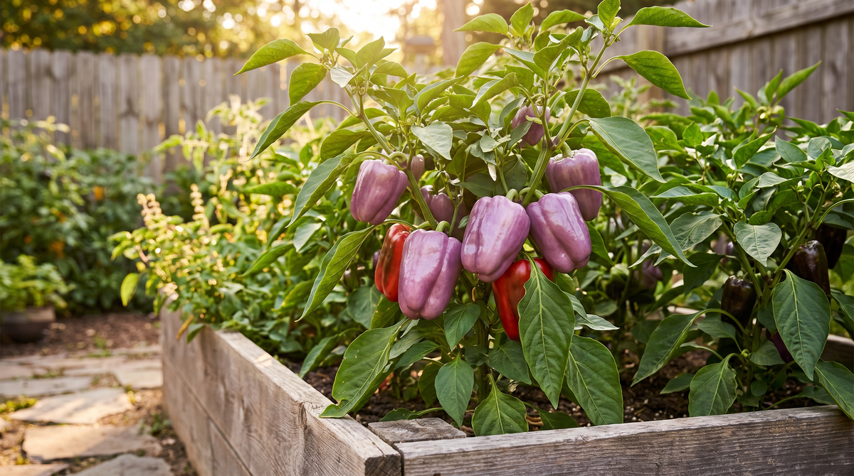 Lilac Bell pepper plant with lavender-purple fruit