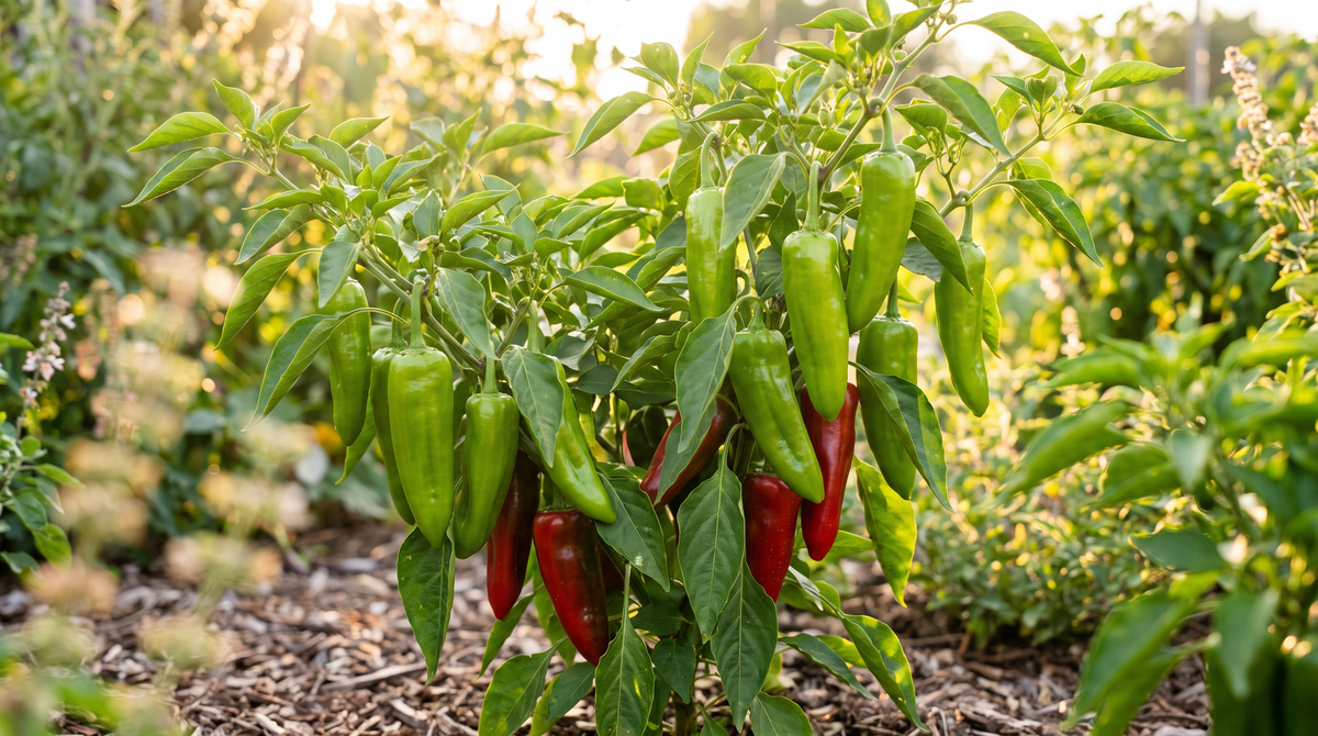 Joe E Parker pepper plant with ripe fruit