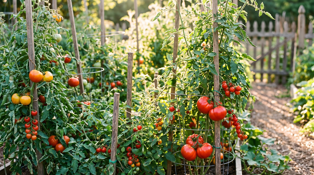 Tomato plants heavy with ripe red, yellow and orange tomatoes in a sunny garden bed