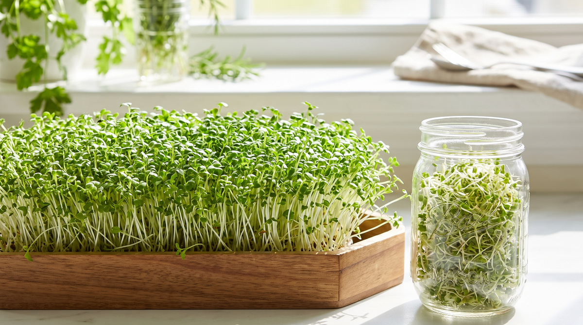 Alfalfa microgreens tray and a jar of alfalfa sprouts