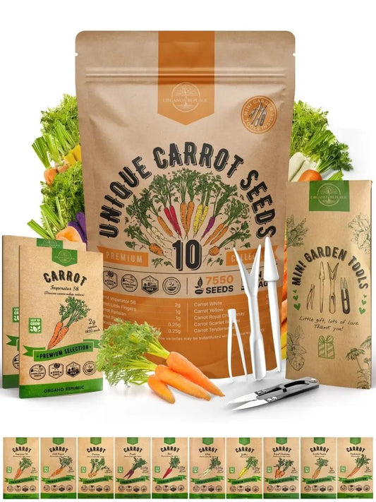 10 Unique Carrot Seeds Variety Pack - 7,550+ Non - GMO Heirloom Carrot Seeds for Outdoor & Indoor Home Gardening - Organo Republic 900