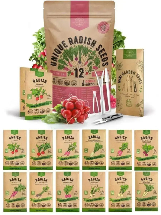 12 Radish Seeds Variety Pack - Over 4080 Non - GMO, Heirloom Seeds - Organo Republic 900