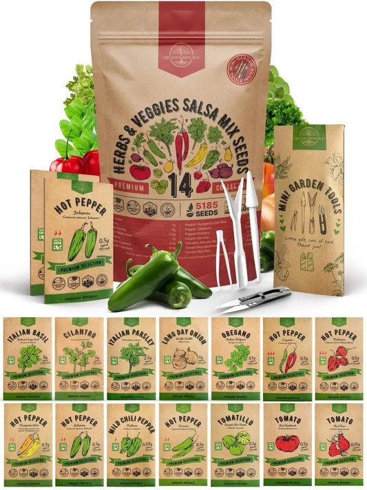 14 Herbs & Veggies Salsa Mix Seeds Variety Pack - 5,180+ Non GMO Heirloom Herb, Tomato & Chili Pepper Seeds for Planting, Outdoor & Indoor Home Gardening - Organo Republic 900