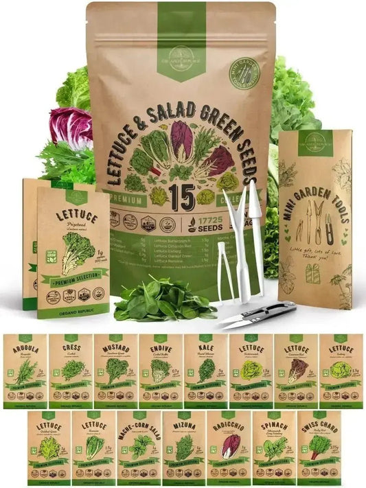 15 Lettuce & Salad Greens Seeds Variety Pack - Over 17,700 Non - GMO, Heirloom Seeds - Organo Republic 900