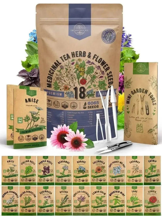 18 Medicinal Tea Herb & Flower Seeds Variety Pack for Planting Indoor & Outdoors. - Organo Republic 900