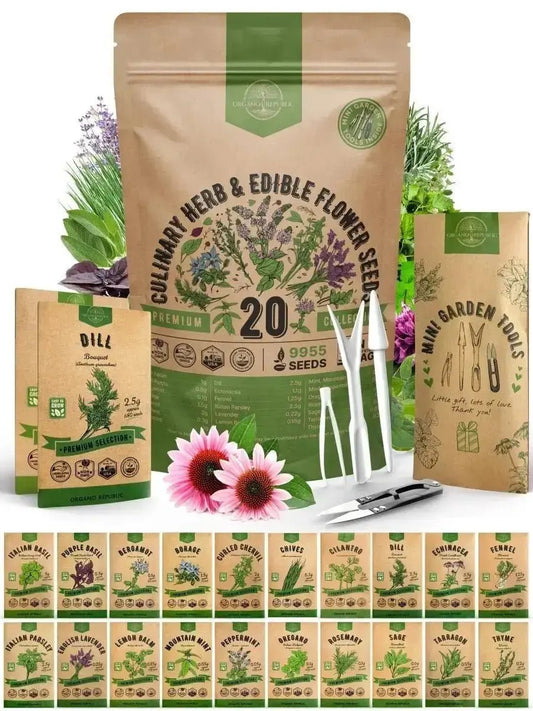 20 Culinary Herbs & Edible Flower Seeds Variety Pack for Planting Indoor & Outdoors - Organo Republic 900