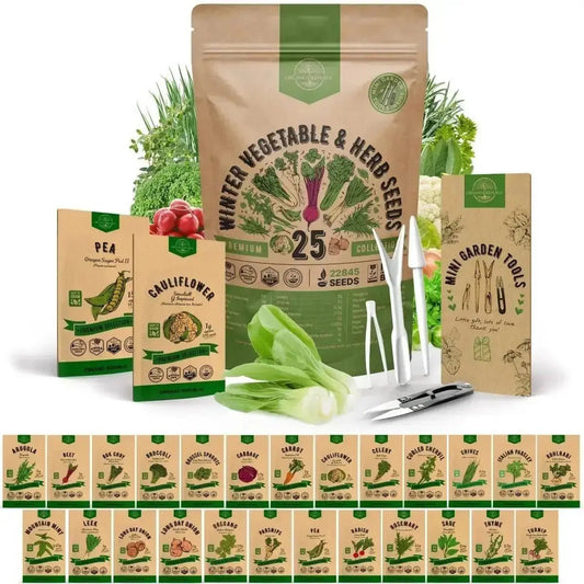 25 Winter Vegetable & Herb Seeds - 22,800+ Garden Non GMO Heirloom Seeds for Planting Vegetables in Bulk Individual Seed Packets, Garden Gift. - Organo Republic 1200