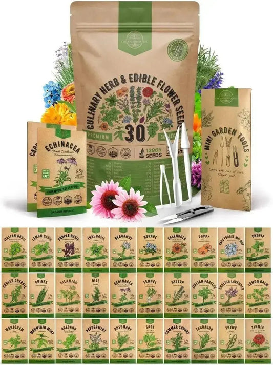 30 Culinary Herbs & Edible Flower Seeds Variety Pack for Planting Indoor & Outdoors. - Organo Republic 900
