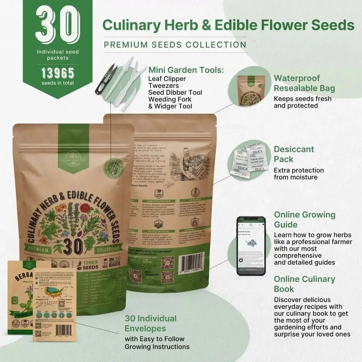 30 Culinary Herbs & Edible Flower Seeds Variety Pack - Organo Republic seeds store 30 Culinary Herbs & Edible Flower Seeds Variety Pack
