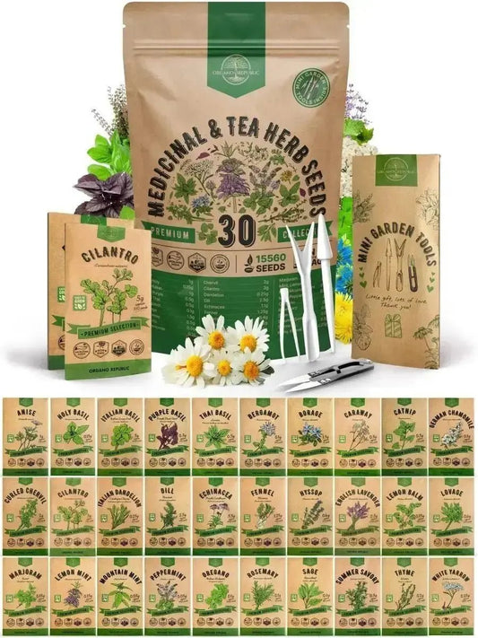 30 Herb Seeds - Medicinal & Tea Variety Pack 15,500+ Non GMO Heirloom Seeds for Planting Herbs in Bulk Individual Seed Packets Garden Gifts - Organo Republic 900