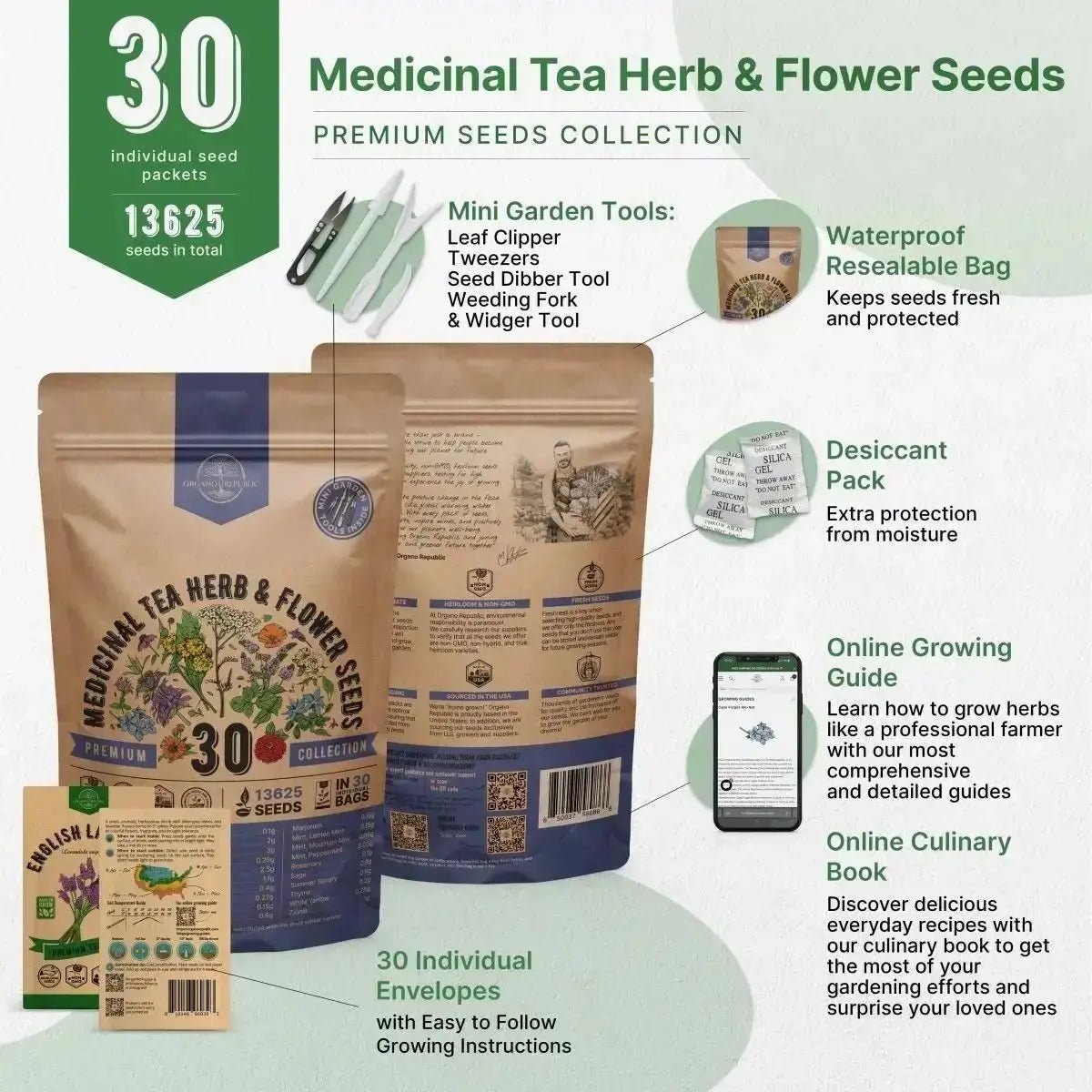 30 Medicinal Tea Herb & Flower Seeds Variety Pack - Organo Republic seeds store 30 Medicinal Tea Herb & Flower Seeds Variety Pack