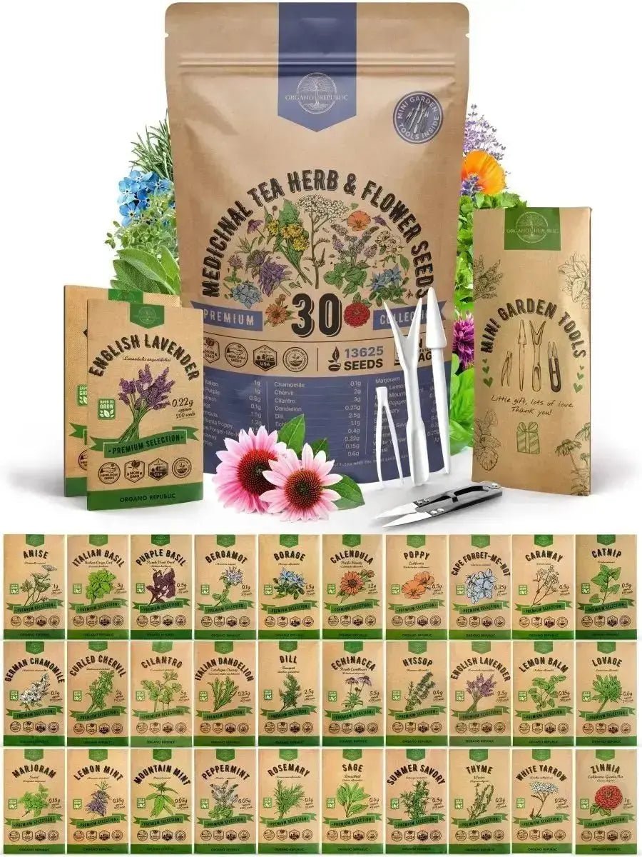 30 Medicinal Tea Herb & Flower Seeds Variety Pack - Organo Republic seeds store 30 Medicinal Tea Herb & Flower Seeds Variety Pack