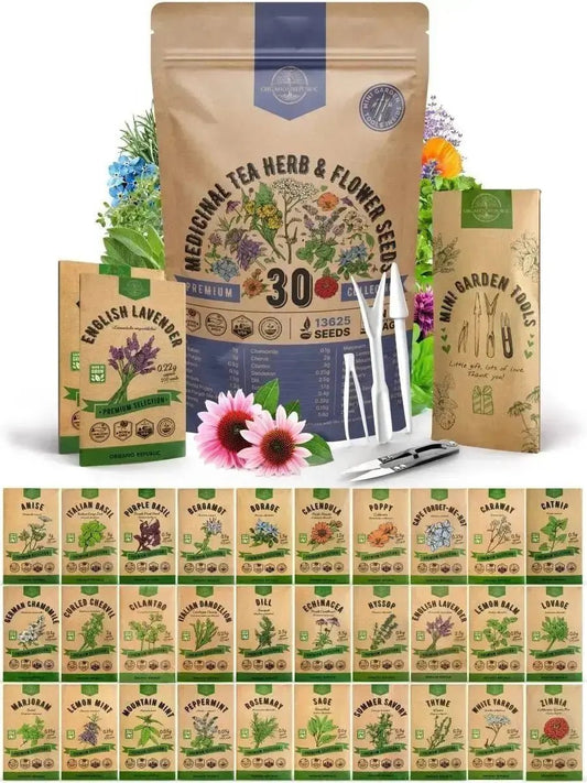 30 Medicinal Tea Herb & Flower Seeds Variety Pack for Planting Indoor & Outdoors - Organo Republic 900